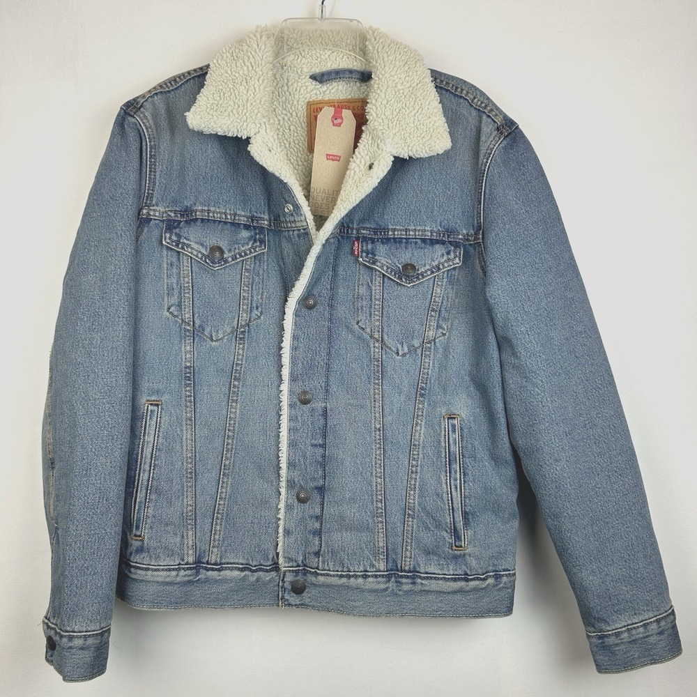 Levis Mens Sherpa Lined Denim Trucker Jacket Medium Blue Snap Aviator Read